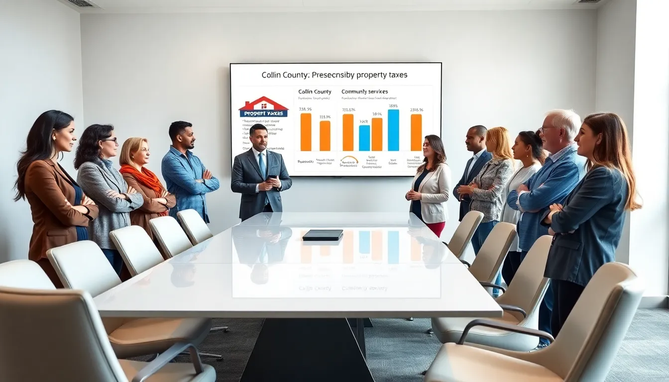 diverse homeowners discussing property taxes in a modern office setting.